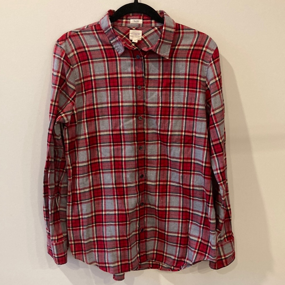 J. Crew Boyfit Red Grey Plaid Long Sleeve Button Shirt Cotton Size medium